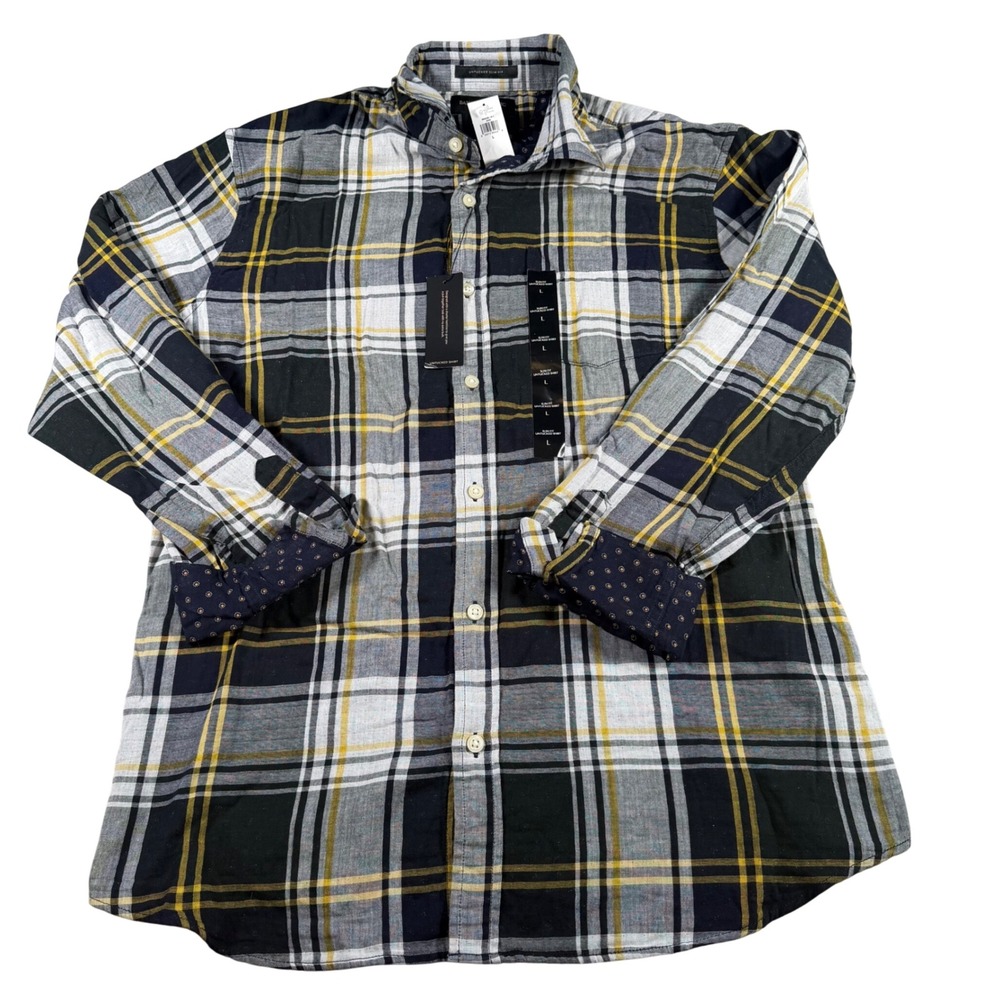 Banana Republic Shirt Mens L Navy Yellow Plaid Untucked Slim Fit Long Sleeve NEW